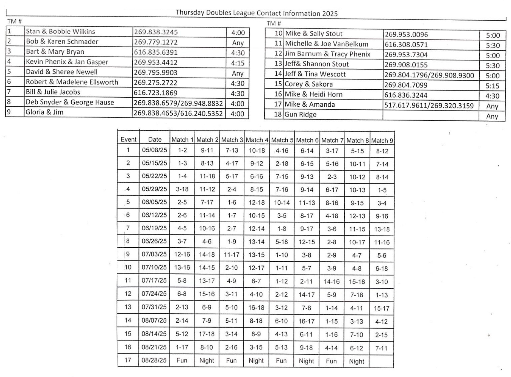 Mixed League Schedule